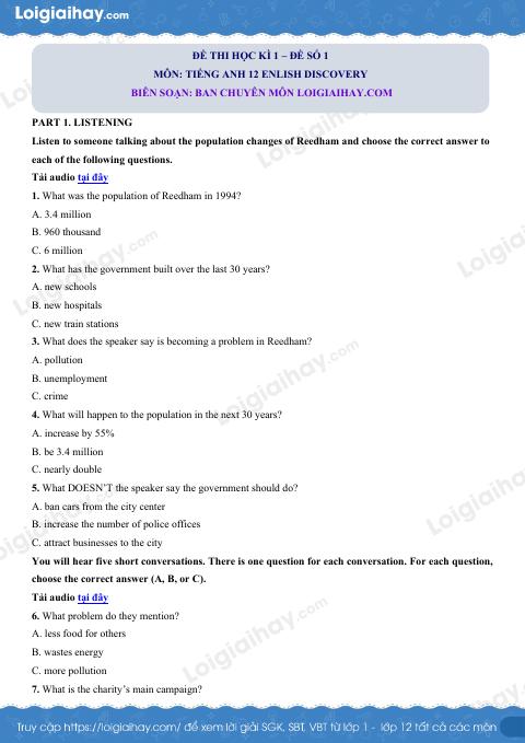 Đề thi học kì 1 Tiếng Anh 12 English Discovery - Đề số 1